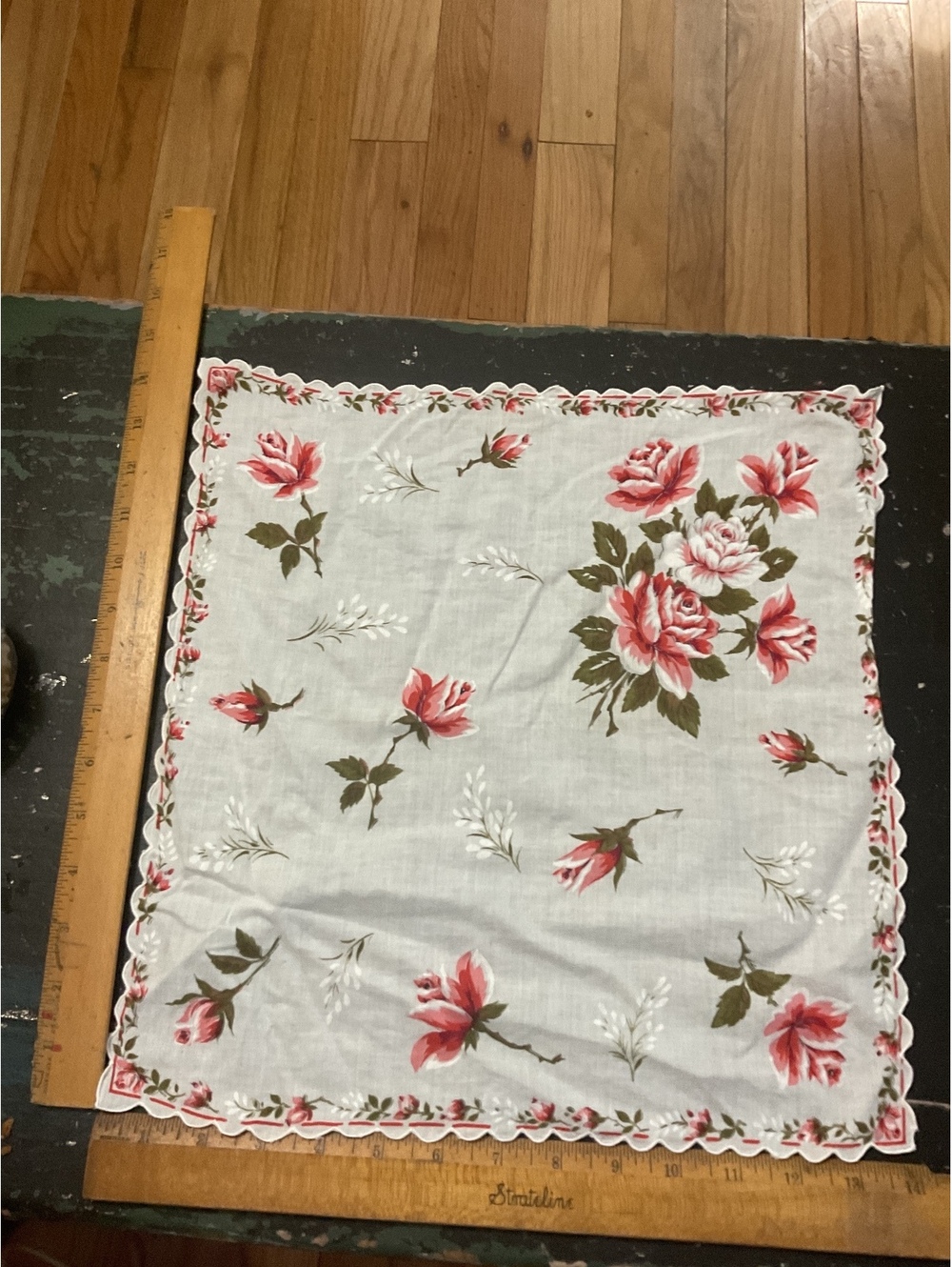 Vintage Floral Cotton Handkerchief with Scalloped Edges